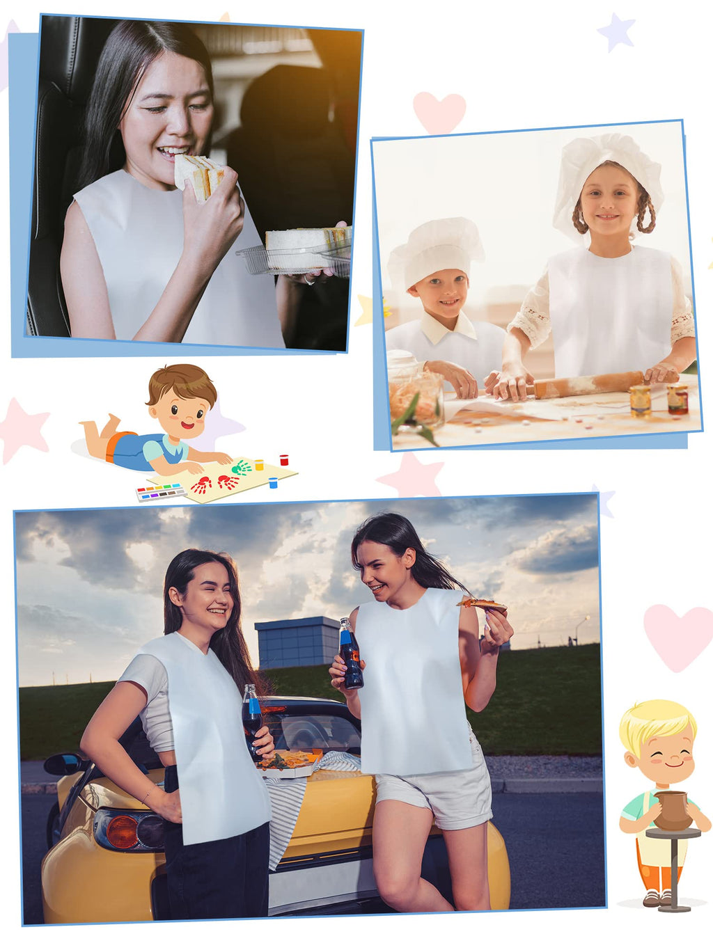 Retisee 200 Packs Plastic Disposable Bibs for Adults 14 x 24 Inch Eating Plastic Bibs for Women Men Elderly(White)