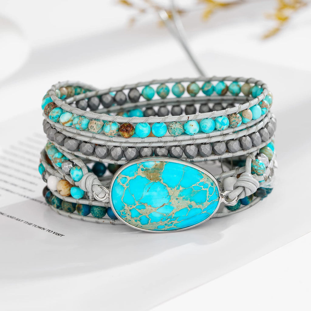 Plumiss Boho Natural Turquoise Stone Beaded Wrap Bracelets for Women Men