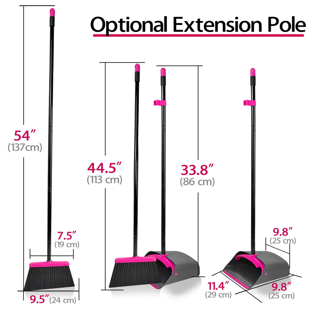 JEHONN Broom with Dustpan Combo Set, Long Handle Lightweight Indoor Broom Set, Upright Standing Dust Pan with Comb Teeth Store Sweep Set for Home Room Kitchen Office Lobby (Rose Red)