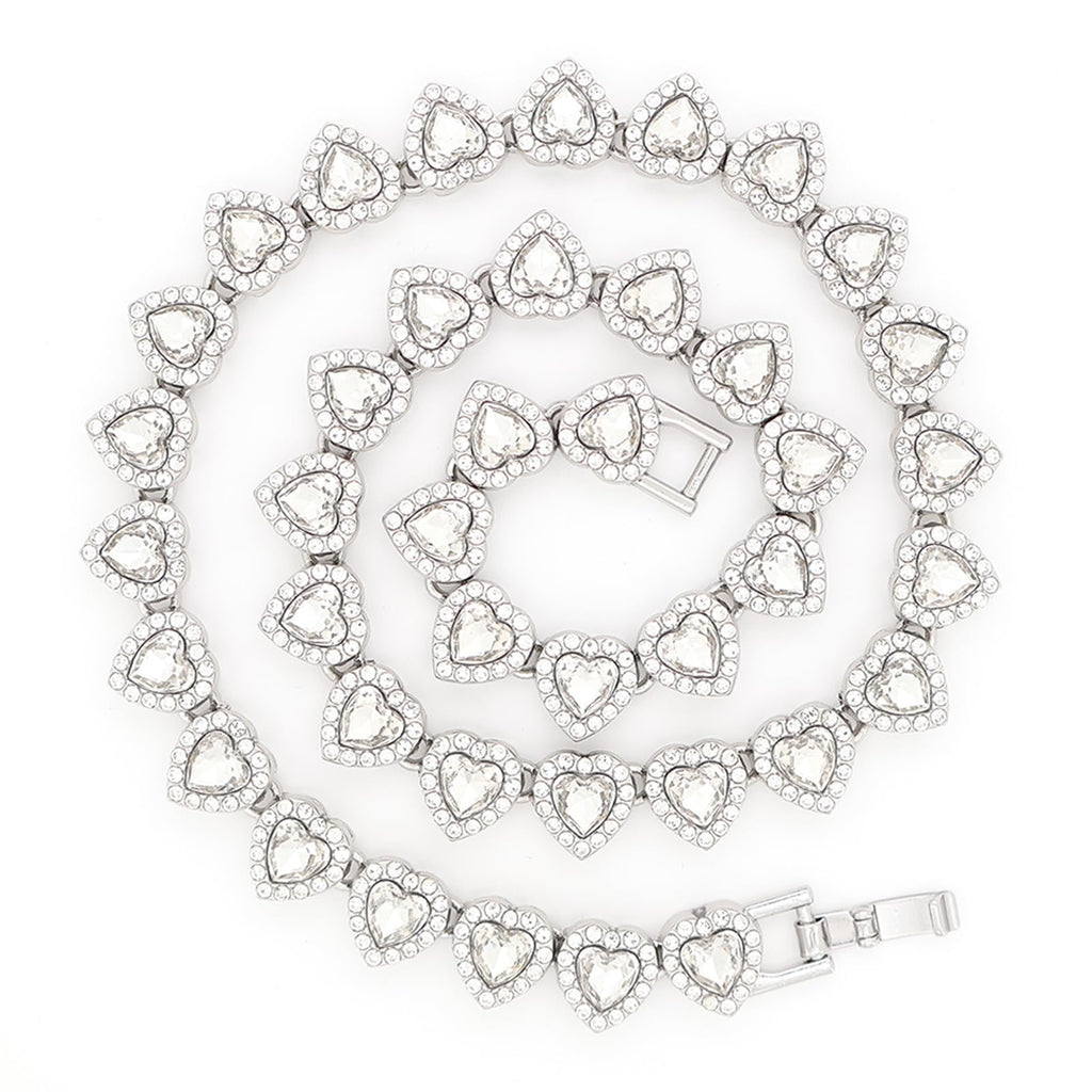 fasone Rhinestone Hearts Necklace, Iced Out Hearts Jewelry，Silver Tennis Necklace For Women，Tennis Necklaces For Women, Heart Tennis Necklace (White_17.7inch)