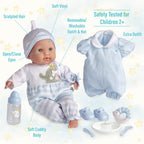 15" Realistic Soft Body Baby Doll with Open/Close Eyes | JC Toys - Berenguer Boutique | 10 Piece Gift Set with Bottle, Rattle, Pacifier & Accessories | Blue | Ages 2+