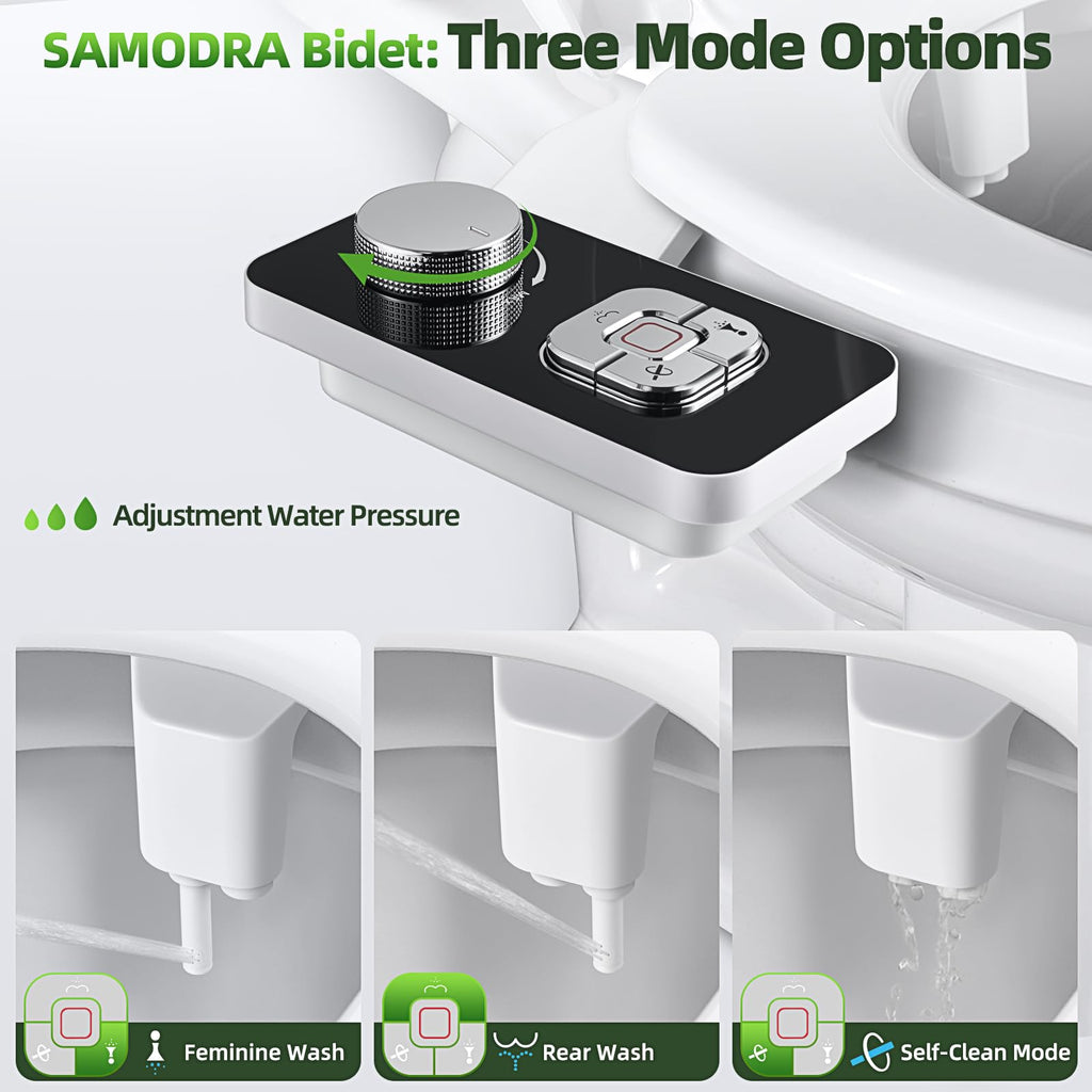 SAMODRA Bidet Attachment, Non-Electric Cold Water Bidet Toilet Seat Attachment with Pressure Controls, Retractable Self-Cleaning Dual Nozzles for Frontal & Rear Wash - Black