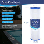 Grefilt C1750 Pool Filter Cartridge, Compatible with Hayward C1750, CX1750RE, Replacement for Pleatco PA175, Unicel C-8417, Filbur FC-1294, Sta-Rite PXC175, 175 sq.ft, Dimensions: 28 3/16" x 8 15/16"