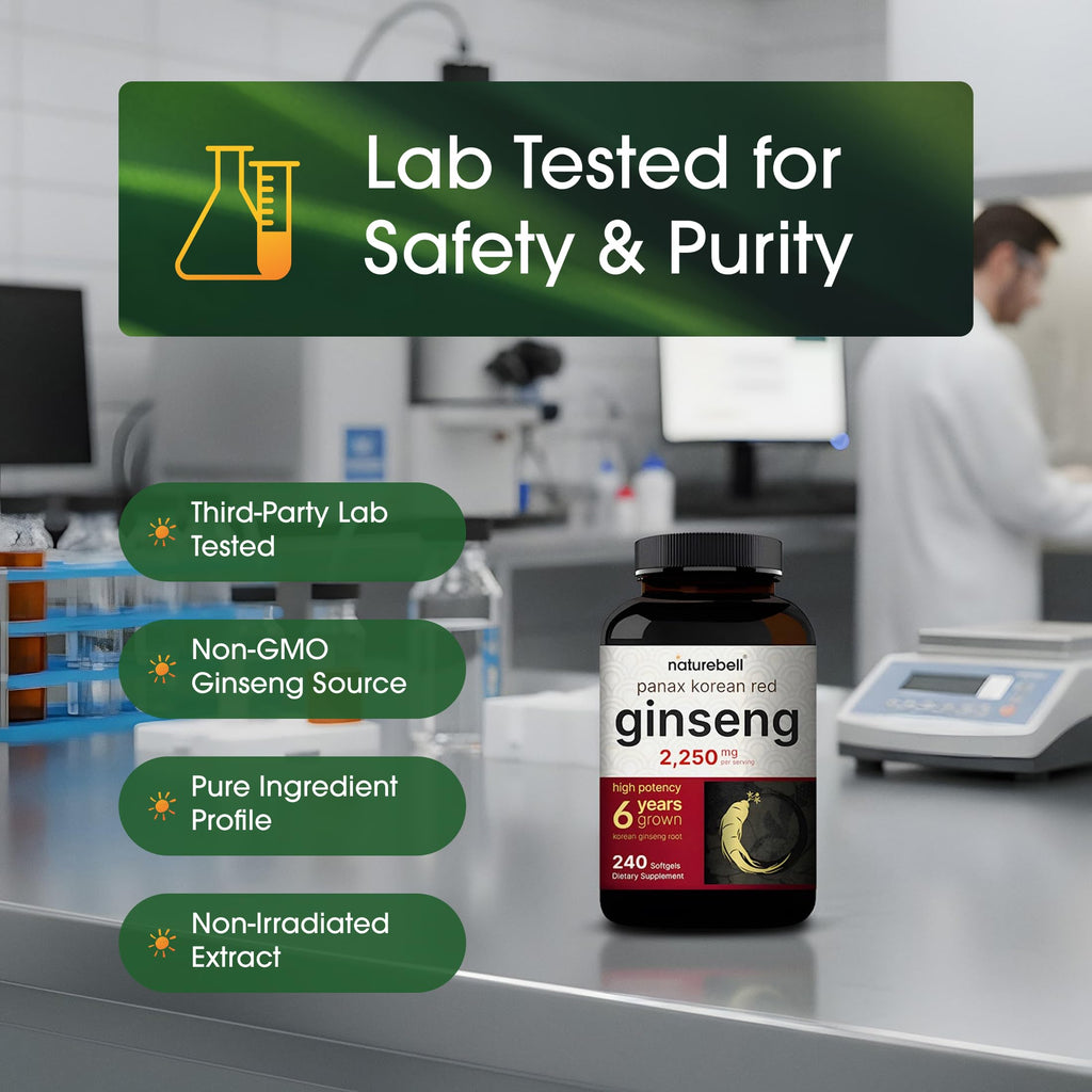 NatureBell Panax Korean Red Ginseng - 240 Softgels - 2,250mg High Strength Herbal Vitality Support* - Standardized 10% Ginsenosides from Six-Year-Old Ginseng Root - Energy & Immune Support*