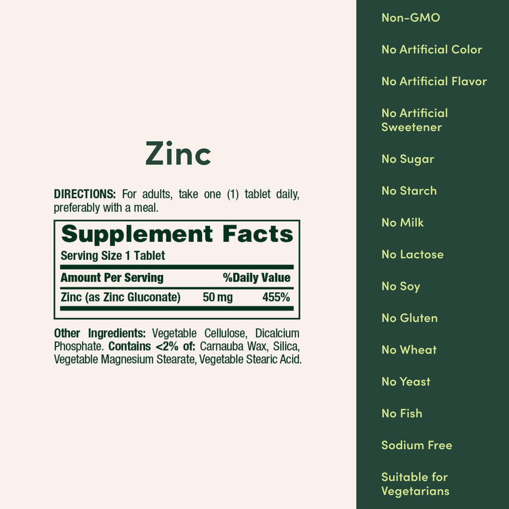 Nature’s Bounty Zinc 50mg,Immune Support & Antioxidant Supplement,Promotes Skin Health,1 Caplet Per Day,Gluten Free,250 Vegetarian Caplets,(Pack of 2)