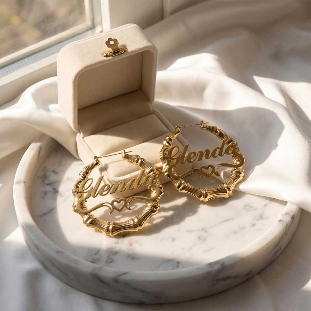 Handmade Bamboo Hoop Earrings for Women Gold Personalized Name Earrings Custom Engraved Stainless Steel Hypoallergenic Birthday Christmas Gift for Mom Grandma (Earring-hoop)