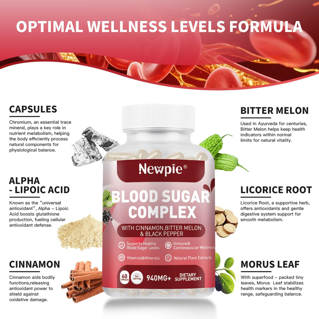 Blood Sugar Complex Supplement – Natural with 20 Active Herbs and Vitamins, Including Cinnamon, Bitter Melon, Black Pepper, Licorice, Vegan, Non-GMO, Gluten-Free, 120 Capsules