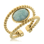 Made by Nami Adjustable Gold Plated Gemstone Ring for Women Handmade Boho Stacking Rings Chunky Open Band Turquoise Statement Jewelry Unique Minimalist Design for Everyday or Special Occasions (Double Row Turquoise Stone)