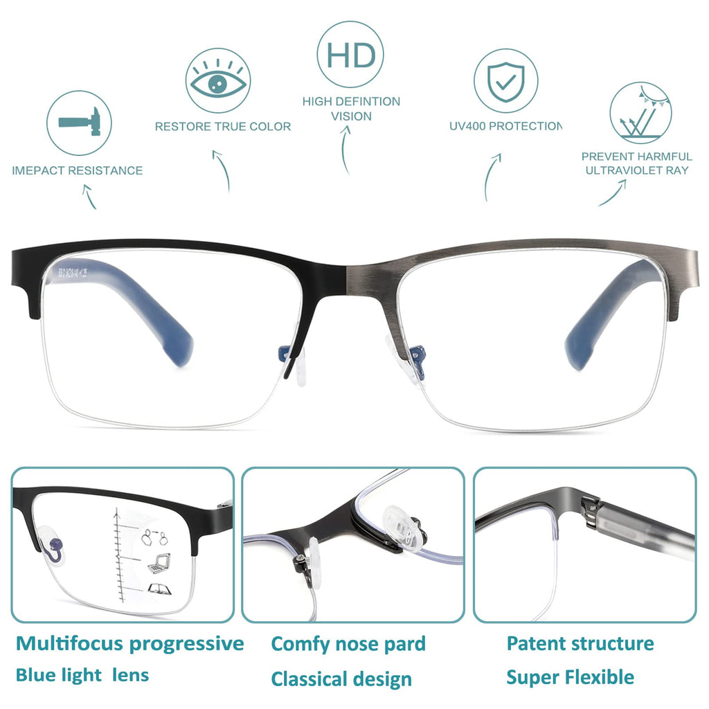 Multifocus Reading Glasses Men Progressive Multifocal Blue Light Computer Reader Half Frame Metal Extra Wide Eyeglasses No Line Bifocals Large Designer Cheaters Transition Square Eyewear 2packs 1.75