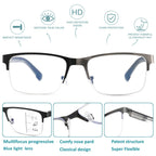 Multifocus Reading Glasses Men Progressive Multifocal Blue Light Computer Reader Half Frame Metal Extra Wide Eyeglasses No Line Bifocals Large Designer Cheaters Transition Square Eyewear 2packs 1.75
