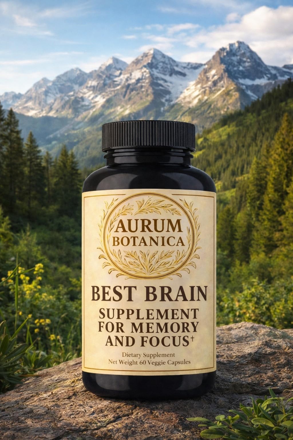 AURUM BOTANICA Best Brain Supplement for Memory and Focus - L-Theanine, Lion's Main, Vitamin B6, B12, D3, Folate, L-Tyrosine, Bacopa Monnieri, Alpha GPC, Theacrine, 30mg of Natural Caffeine (60 Count)