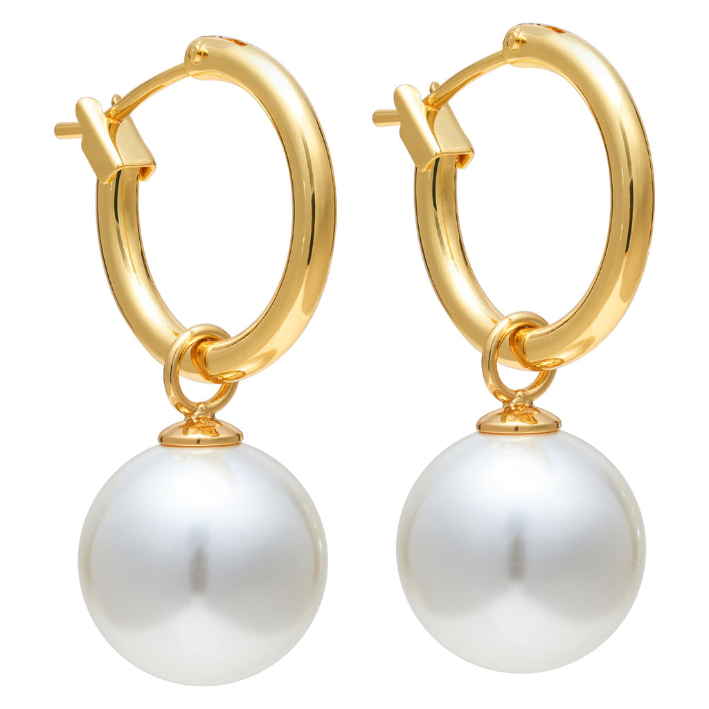 Pearl Hoop Earrings for Women, 18K Gold Plated Huggie Drop Earrings