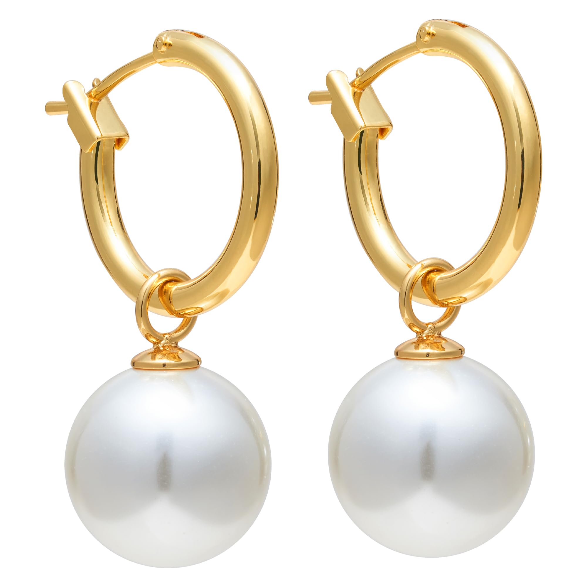 Pearl Hoop Earrings for Women, 18K Gold Plated Huggie Drop Earrings