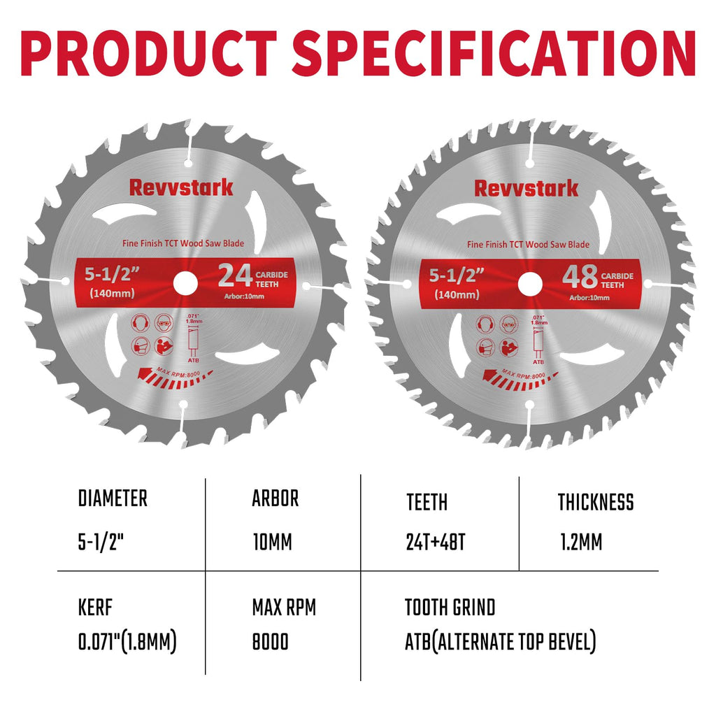Revvstark 5-1/2" (10mm Arbor) Circular Saw Blades 24T&48T, Carbide Tipped Teeth, Heavy Duty TCT Saw Blades for Cutting Various Wood, Plastic and Composite Materials
