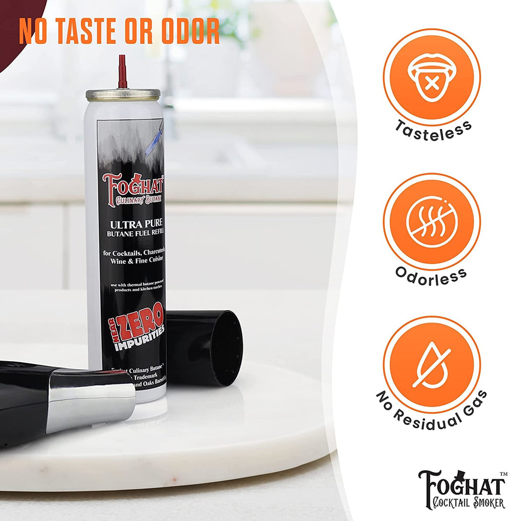 Foghat Culinary Butane Fuel Refill (3 x 60ml) - Torch Lighter Butane Refill Canister, Fits All Kitchen Smoking Torches - Food Grade Ultra Refined For Cocktail Smoker Kit, Creme Brulee Torch