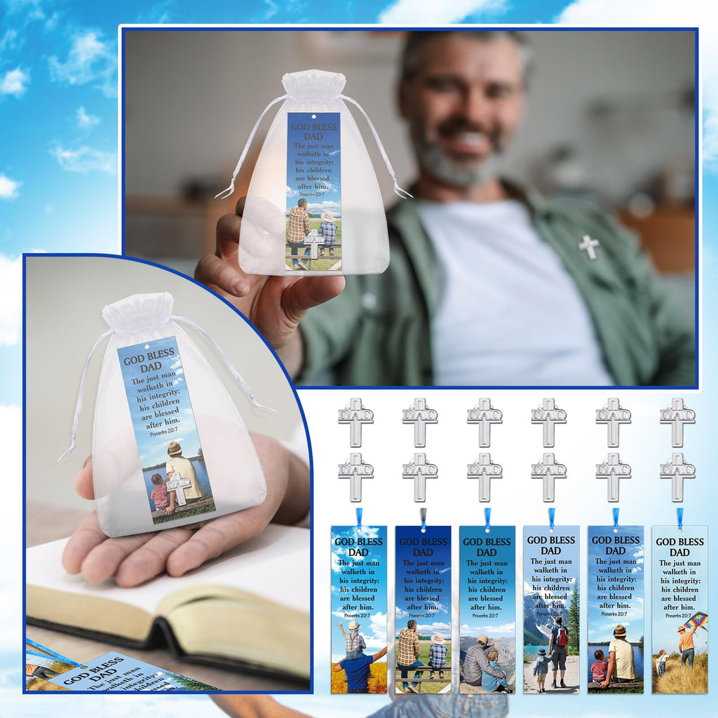 Supervitae 24 Pcs/ 12 Sets Father's Day Bookmark Gifts Bulk God Bless Dad Lapel Pin with Bookmark Gift Set, Include 12 Proverbs 20: 7 Christian Bookmarks 12 Cross Dad Pin for Religious Church Prizes