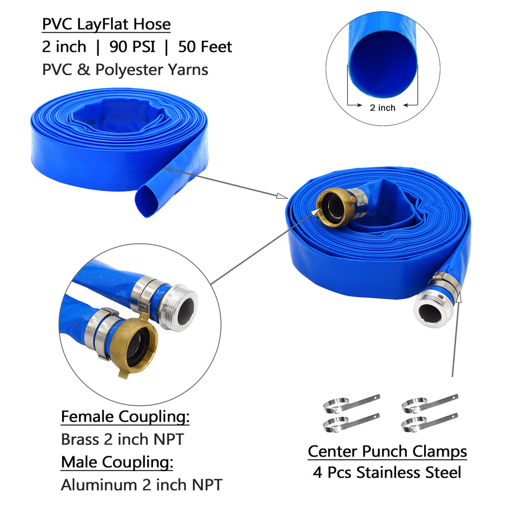 DAVCO 2" ID × 50 ft Pool Backwash Hose, Heavy Duty Reinforced Blue PVC Lay Flat Water Discharge Pump Hoses For Swimming Drain Pools and Clean Filters, With Aluminum Pin Lug Fittings