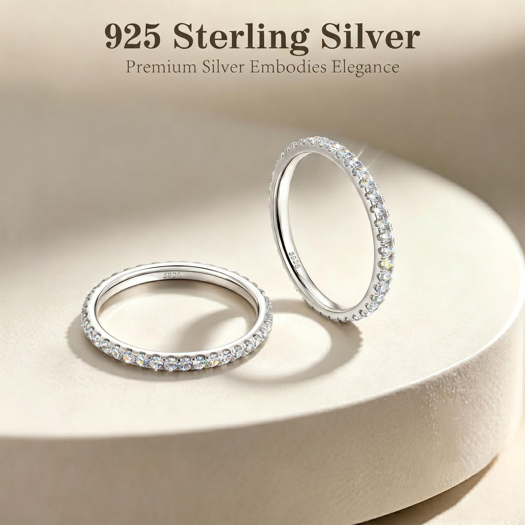 VISDIV 2mm 925 Sterling Silver Rings Gold Engagement Wedding Bands Eternity Cubic Zirconia Simulated Diamond 2pairs Stackable Ring for Women Size 5-10