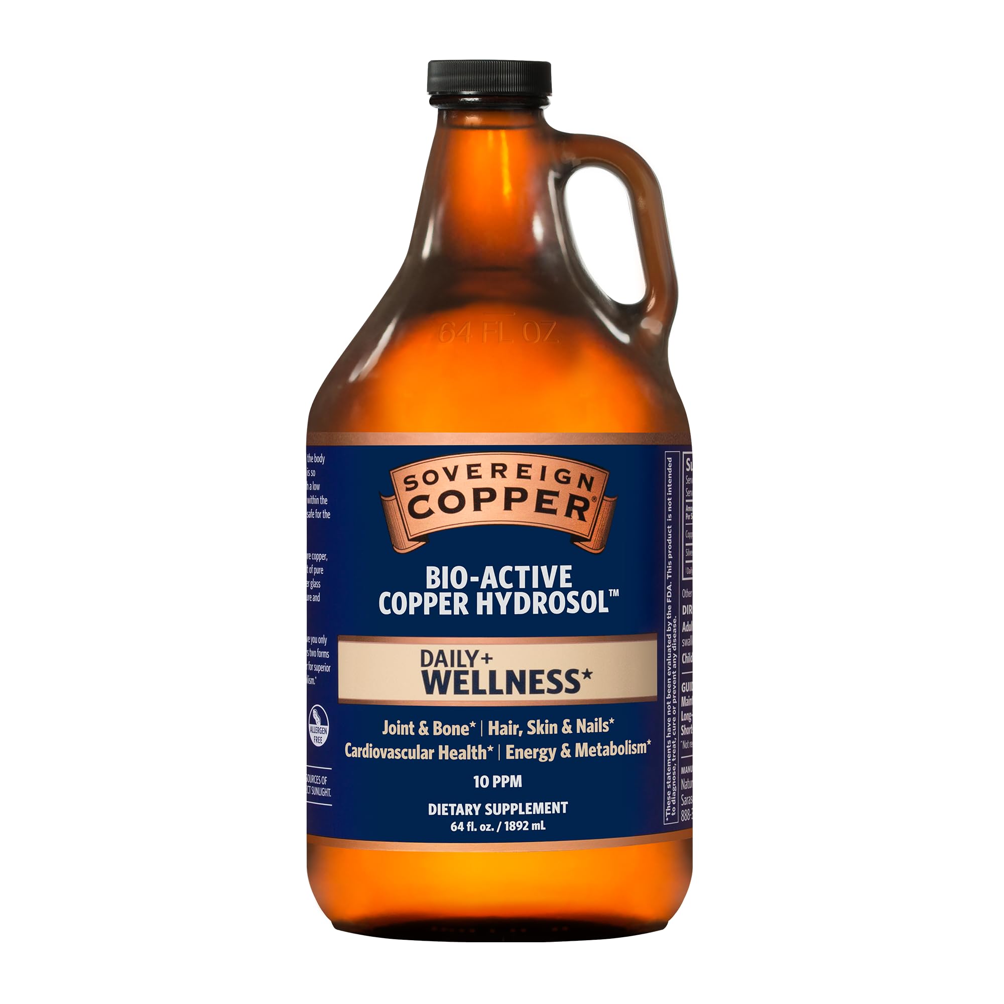 Sovereign Copper Bio-Active Copper Hydrosol, Daily+ 4-in-1 Wellness Supplement for Joint and Bone*, Hair, Skin and Nails*, Cardiovascular Health* and Energy and Metabolism Support*, 64oz