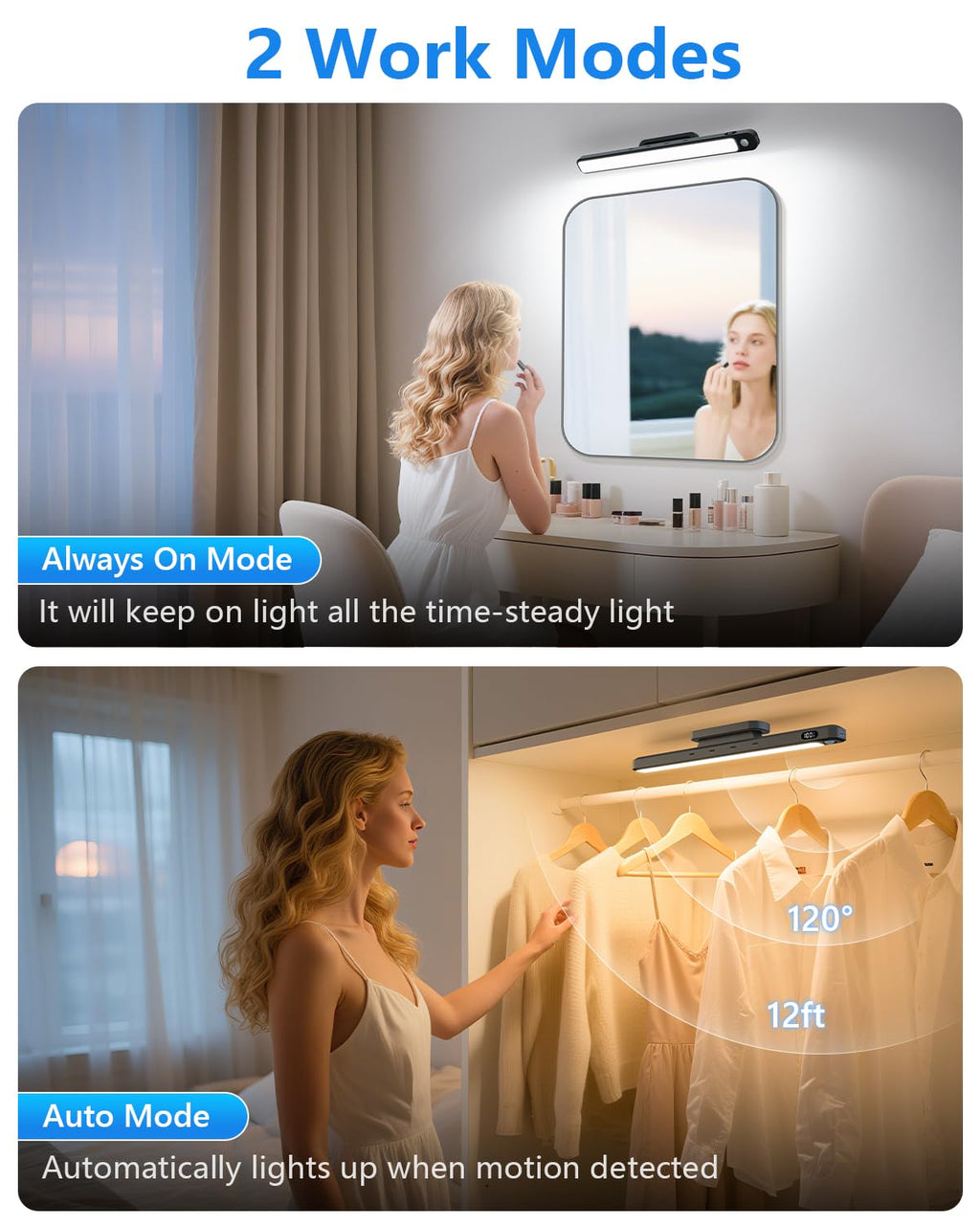 Ferswe 3W Motion Sensor Magnetic Light Bar,Eye-Friendly Rechargeable Closet Lights with Battery Display,2000mAh Vanity Lights for Mirror, Rechargeable Light Bar for Cabinet, Closet, Bathroom and Desk