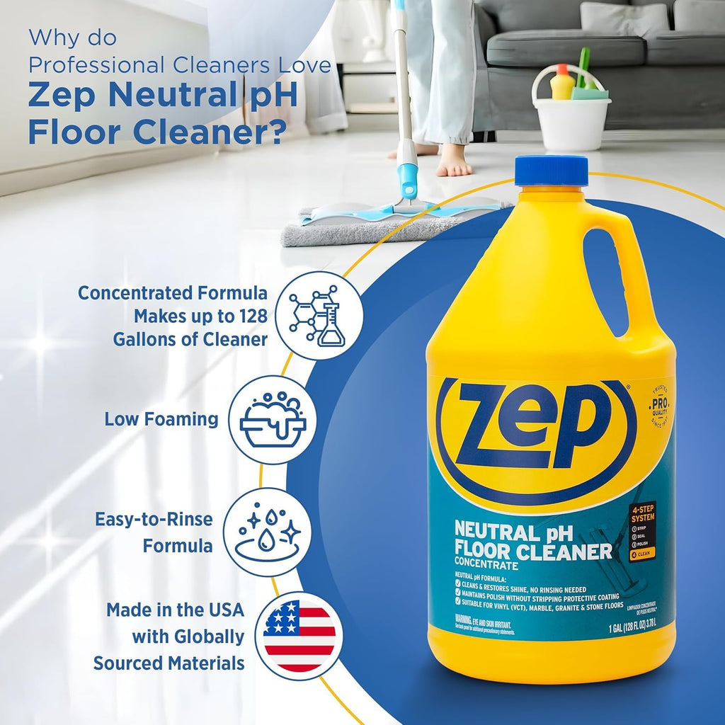 Zep Neutral PH Industrial Floor Cleaner - 1 Gallon - ZUNEUT128 - Concentrated Pro Trusted All-Purpose Floor Cleaner (Pack of 4)