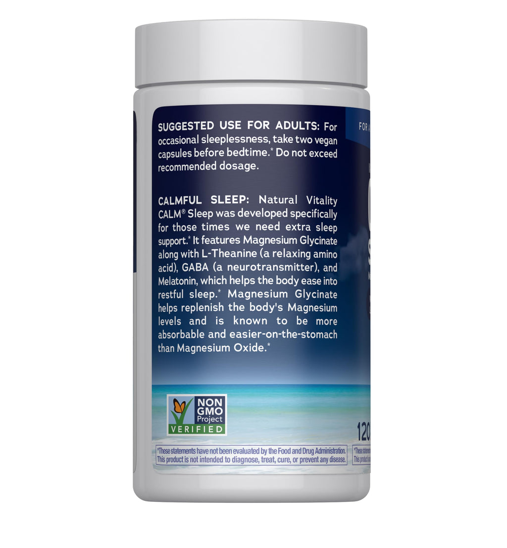 Natural Vitality Calm Sleep Capsules | Magnesium with Melatonin, L-Theanine & GABA Supplement | for a Good Night's Sleep | Non-GMO, Gluten Free & Vegan | 120 Count