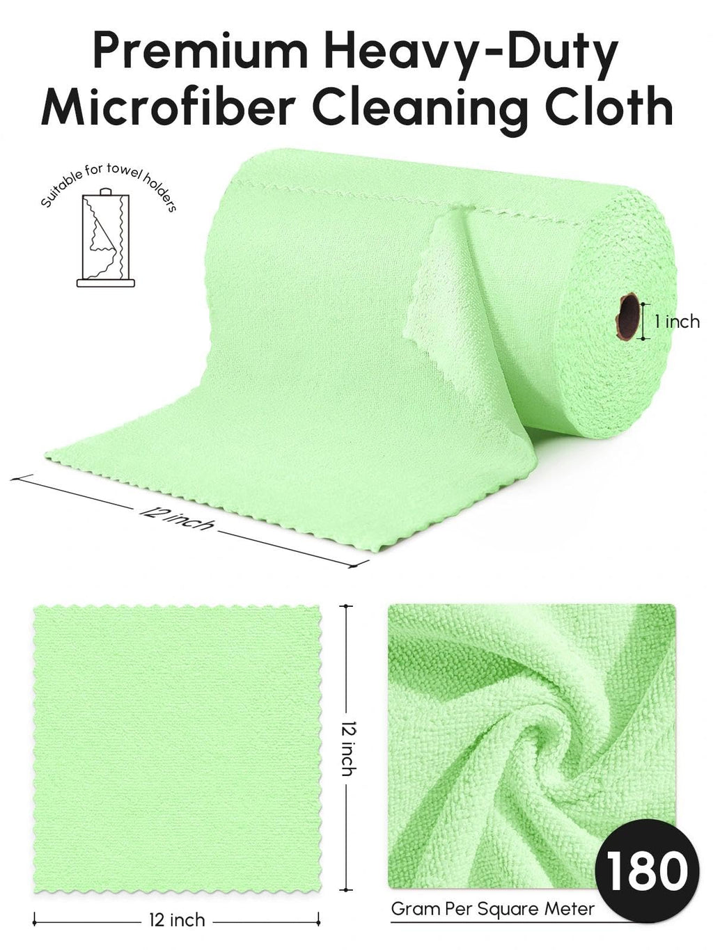 SOOWASH Microfiber Cleaning Cloths Roll, 75 Pack Tear Away Microfiber Towels Roll, 12" x 12" Lint Free Rags, Reusable Cleaning Cloths, Washable, Scratch Free,Ultra Absorbent Dish Rags(Green)