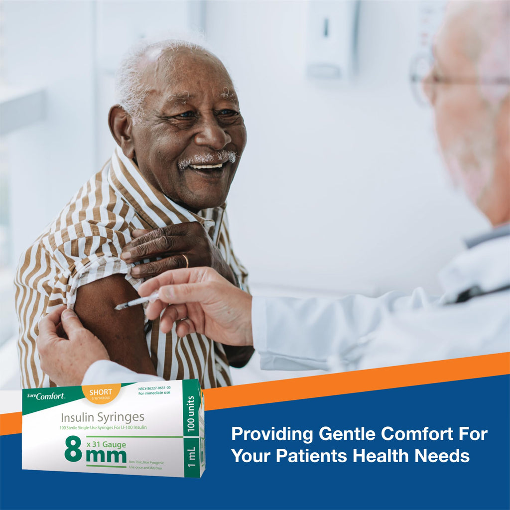 SureComfort U-100 Insulin Syringes 31G x 5/16" 1cc (8 mm), For Diabetes Care, Box of 100
