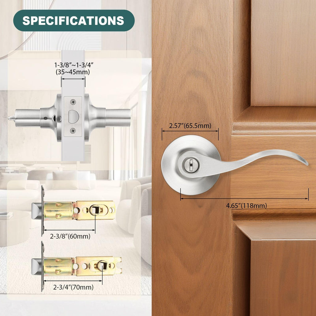 GOBEKOR 5 Pack Brushed Nickel Door Handle Interior Door Levers Privacy for Bedroom Bathroom Door Lock Keyless Wave Lever Door Handles