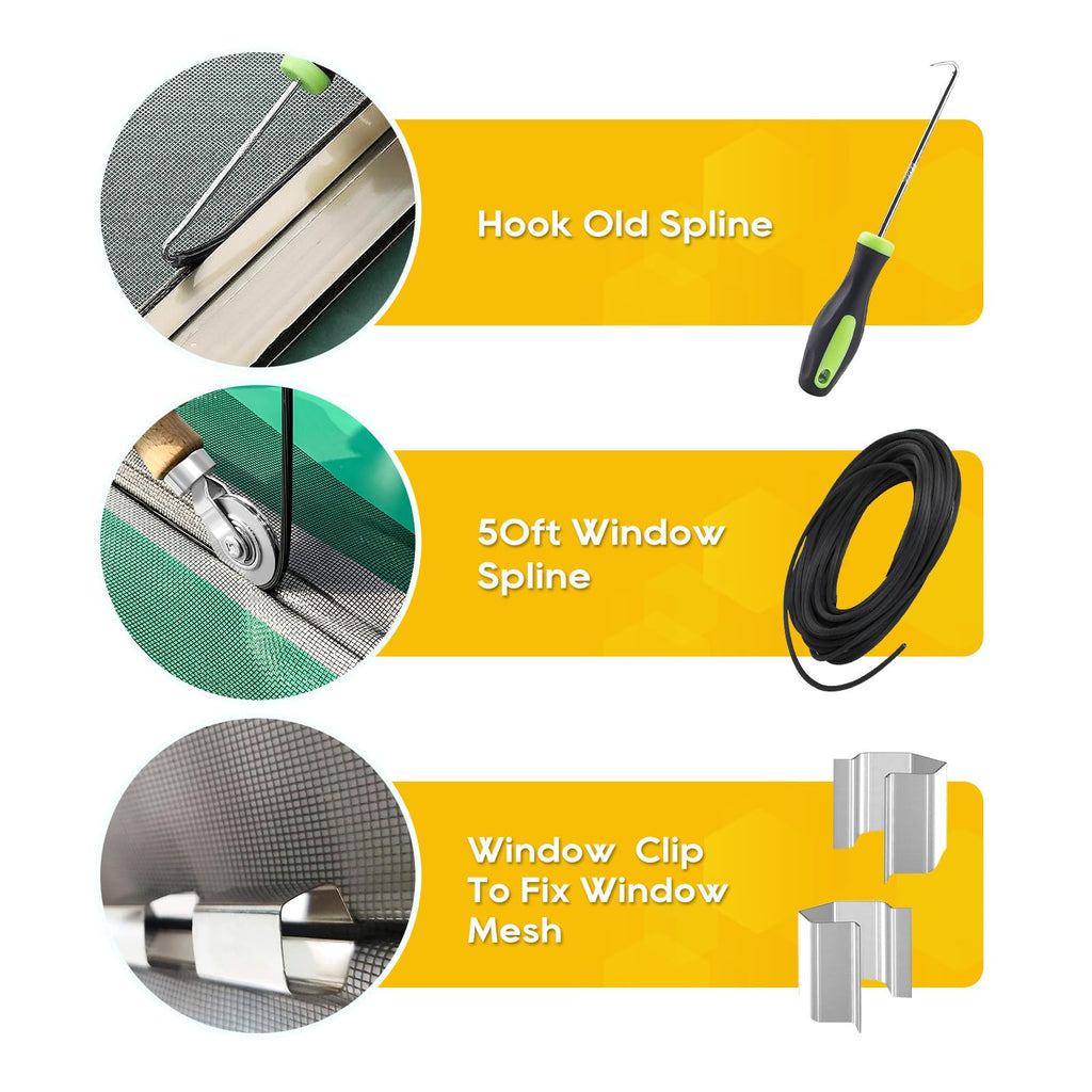 King&Charles Window Screen Door Repair/Replacement Kit, Include Gray Screen Mesh 59"x106"+ 2 Roller+50Ft Spline+8Clips+Hook, 6 in 1 Window Mesh Kit, Steel/Nylon Bearing Roller