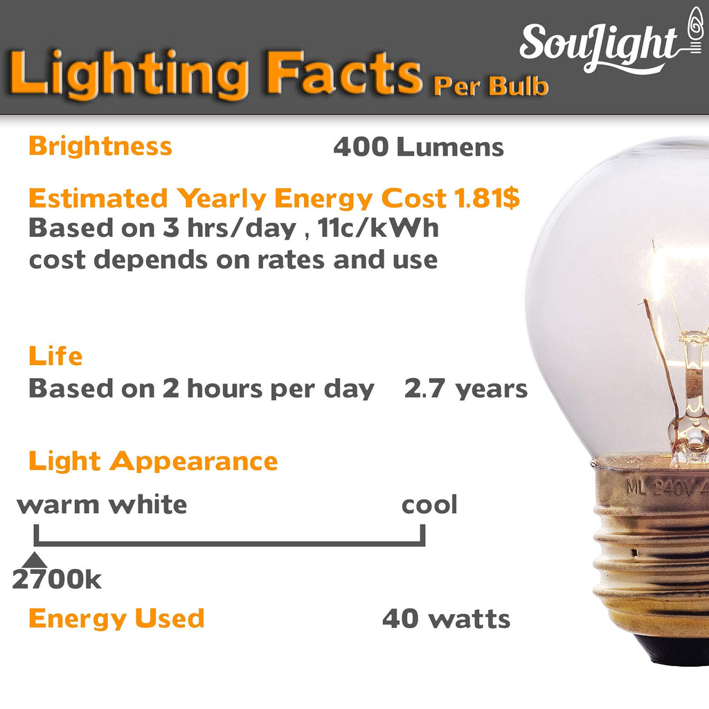 SouLight Oven Light Bulb – 40 Watt Appliance Replacement Bulbs for Oven, Stove, Refrigerator, Microwave. Incandescent - High Temp G45 E26/E27 Socket -Warm White - 400 Lumens - Clear.2 Pack