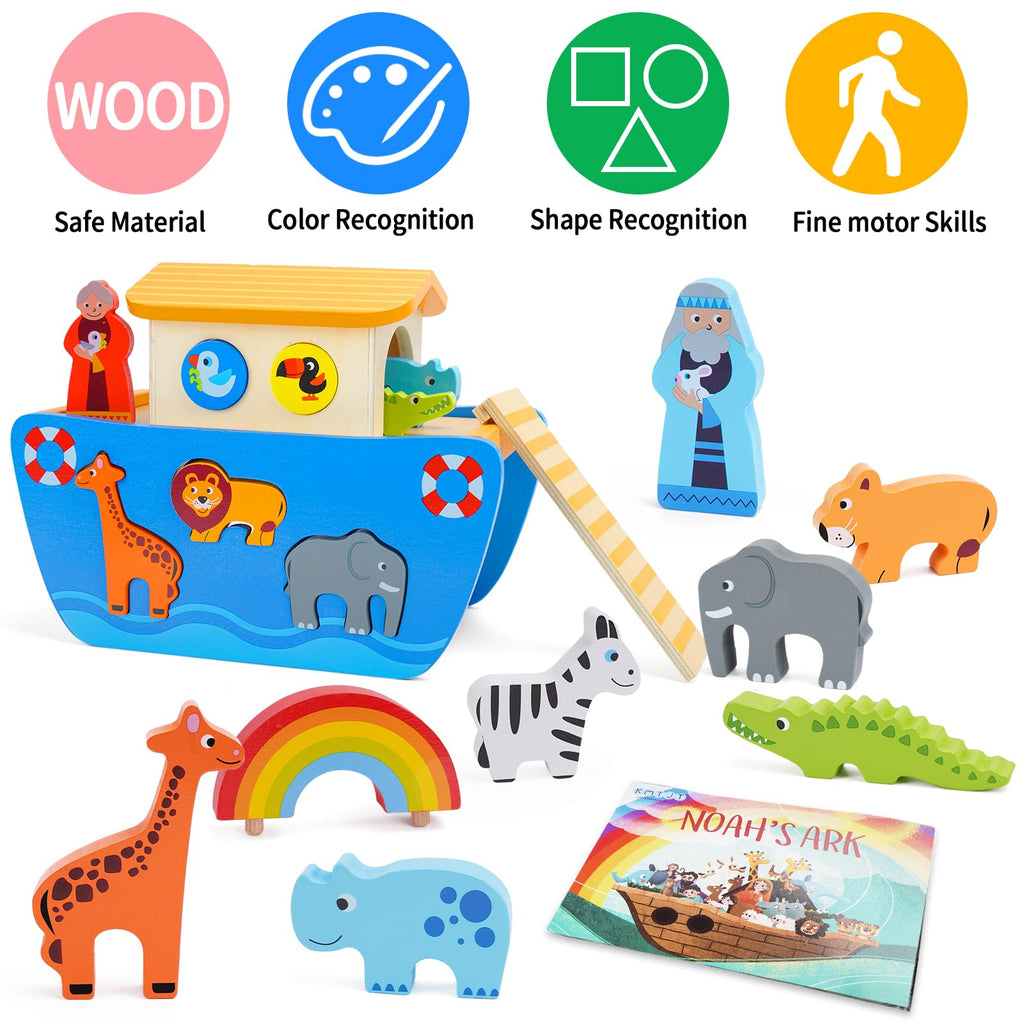 KMTJT Toddlers Wooden Noah's Ark Toy for 1 2 3 Boys Girls Baptism Gifts