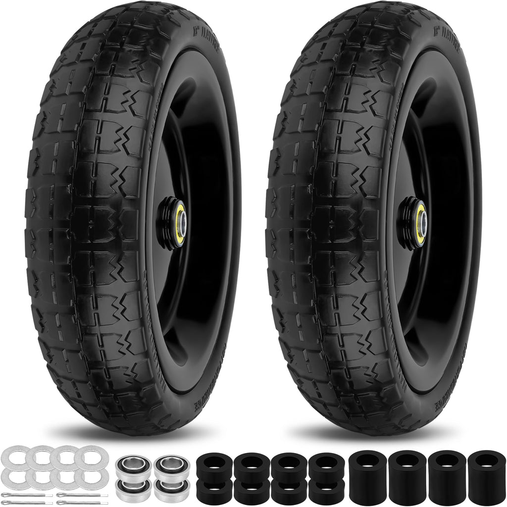 phepetroll 13 Inch Flat Free Wheels Tires 4.00-6 Solid Replacement with Universal 5/8" Axle Bore Hole, 8 Spacers and 4 Pins, for Wheelbarrow, Garden Wagon, Hand Truck, Trolley, Lawn Mower, 2 Pack