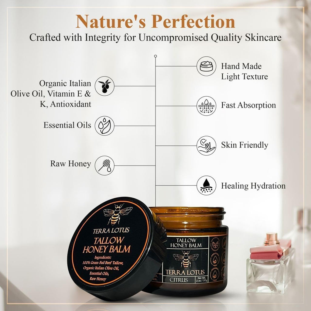 Terra Lotus - Organic Grass-Fed Beef Tallow Balm with Raw Honey - Moisturizing Cream for Soft, Smooth Skin - Handmade All-Natural Moisturizer (2 Oz, Unscented)