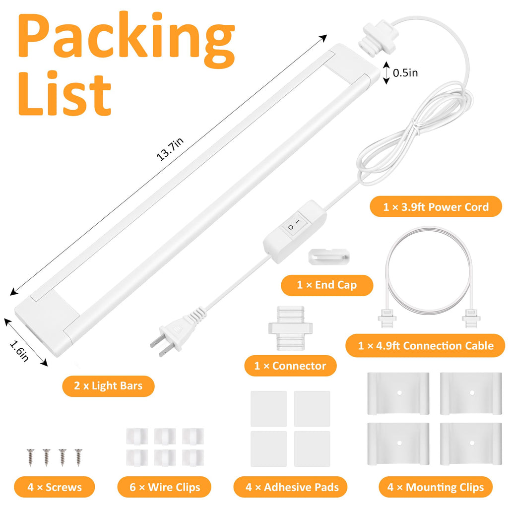 maylit Under Cabinet Lighting Plug in, 2Pcs 14 Inch Linkable Ultra Bright LED Light Bars, Renter Friendly Lamp, Wired 110V 120V Indoor Lights for Kitchen Cabinet, Counter, Workbench, Shelf, Warm White