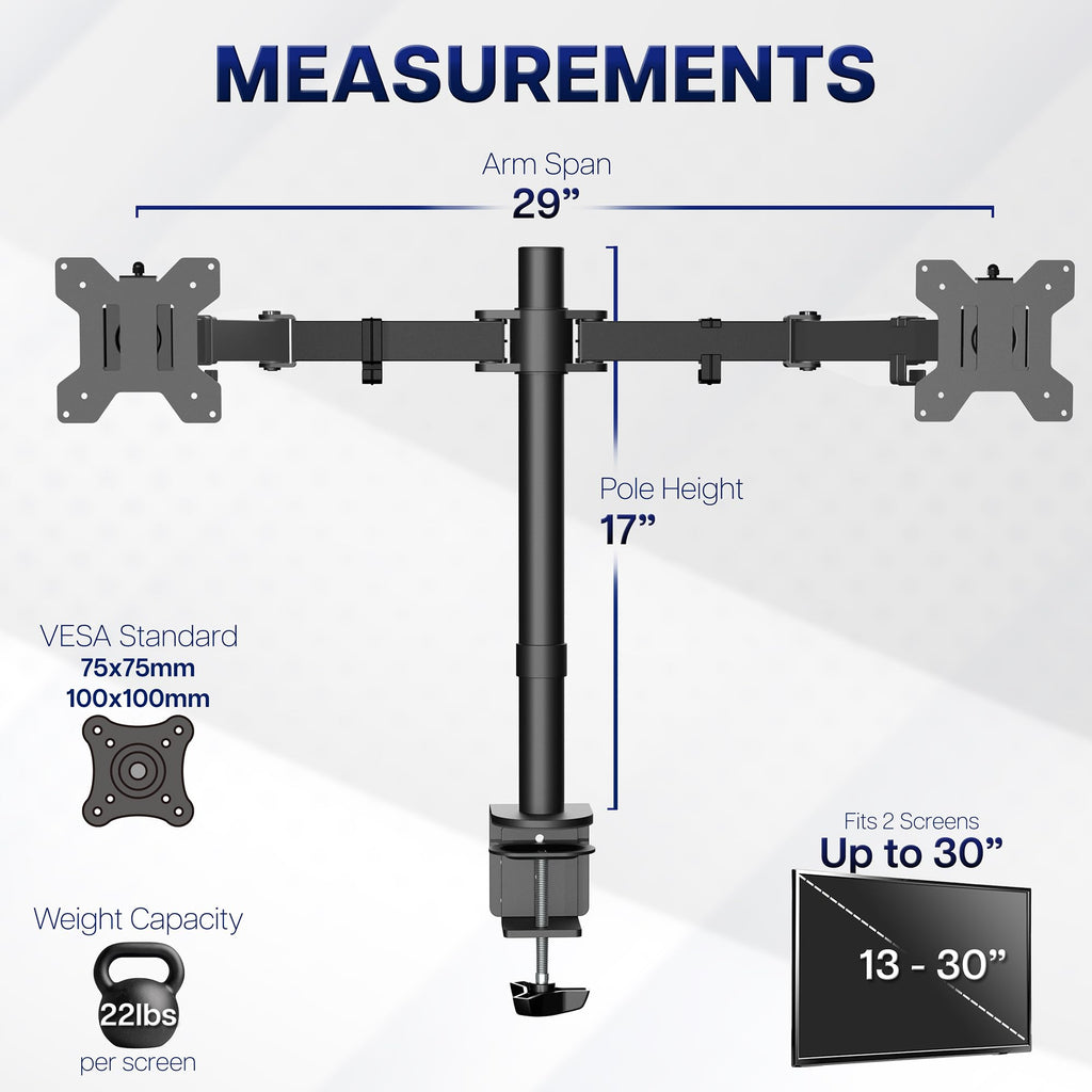 VIVO Dual Monitor Desk Mount, Holds 2 Computer Screens up to 30 inches and 22lbs Each, Heavy Duty Fully Adjustable Steel Stand with C-Clamp and Grommet, Black, STAND-V002