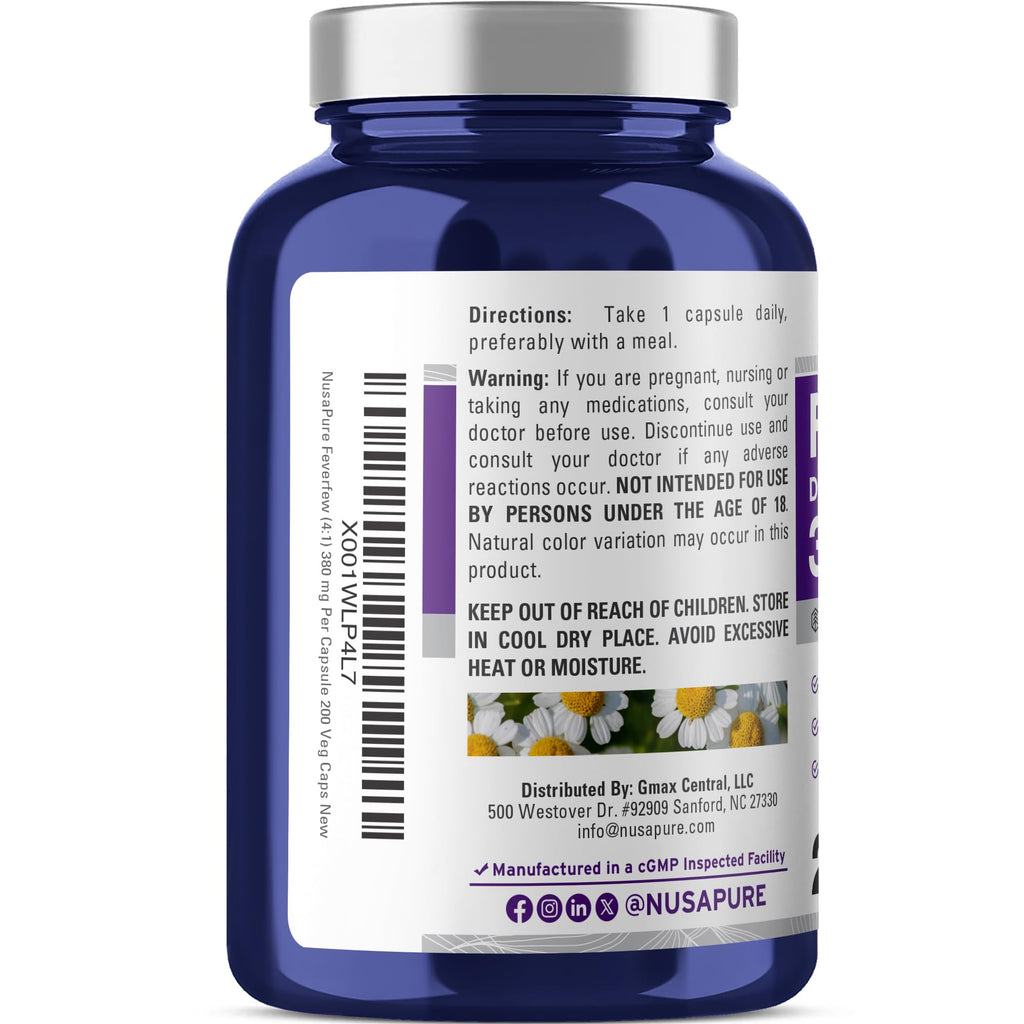 NusaPure Feverfew Capsules, 380 mg, 200 Veg Capsules (Non-GMO, Gluten Free)