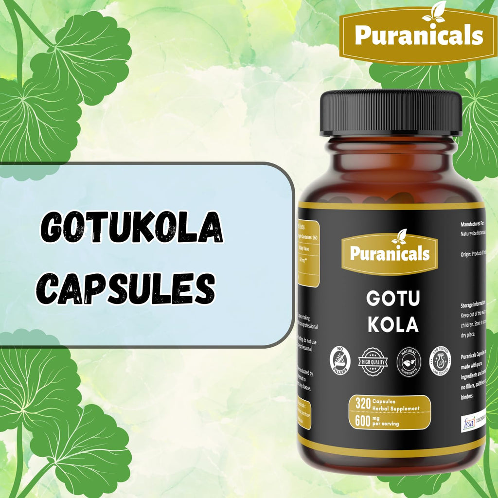 Puranicals Gotu Kola Premium 320 Capsules Non GMO and Gluten Free | Herbal Supplement | 600 mg Per Serving | Made with 100% Pure Gotu Kola Powder