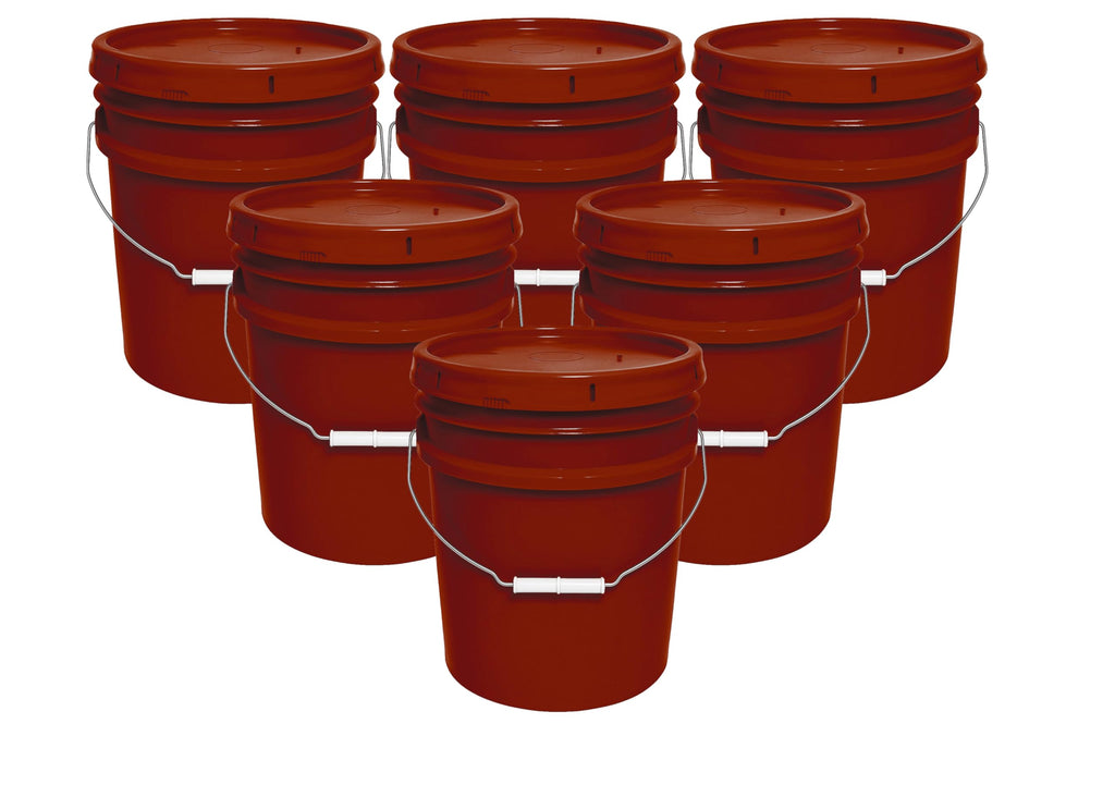 MKS Plastics 5-Gallon Bucket with Airtight Lid – Made in USA, Food Grade BPA Free Plastic, Heavy Duty Multi-Use, Metal Handle with Grip, Stackable Storage – Burgundy, 6 Pack