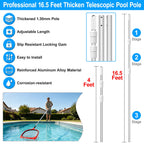 Upgraded Pool Pole 16.5 Foot Telescopic Swimming Pool Poles,Adjustable Telescopic Pool Cleaning Pole,Professional Pole for Skimmer Net,Rake,Brush,Vacuum Head,Heavy Duty Aluminum Thicken 1.3mm Pole