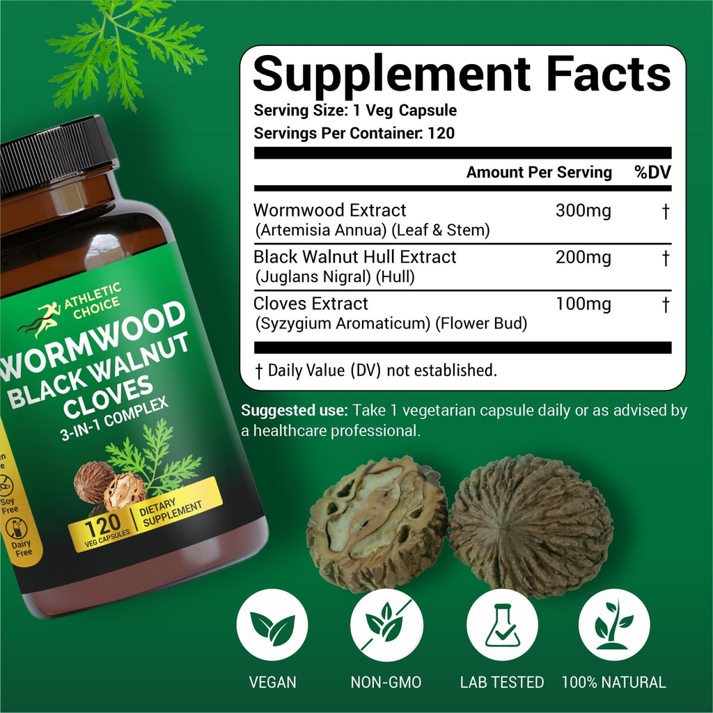 Athletic Choice Wormwood Black Walnut Clove Complex, 3-in-1 Formula with Sweet Wormwood Extract, 120 Veggie Capsules, Non-GMO & Gluten-Free Herbal Supplement for Adults