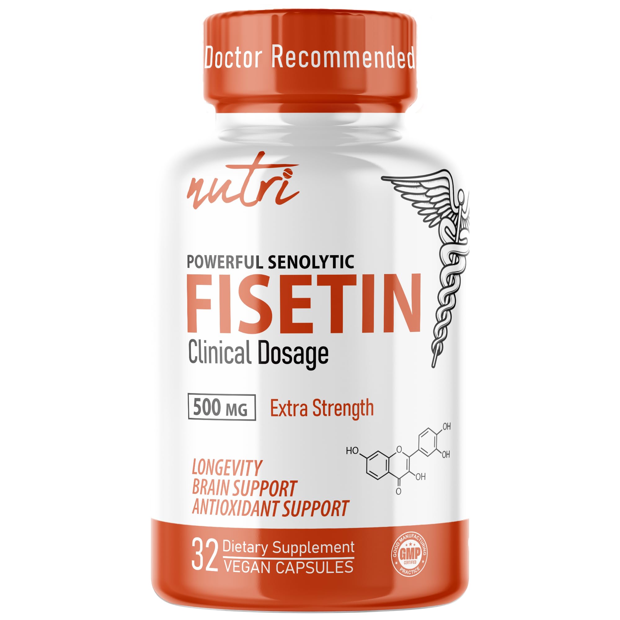 Nutri Fisetin 500mg 32 Count - Clinical Dosage - Fisetin Supplements - Powerful Senolytic Activator, Antioxidant, Heart Support - Natural Polyphenols - Capsules - 3rd Party Tested - GMP Certified