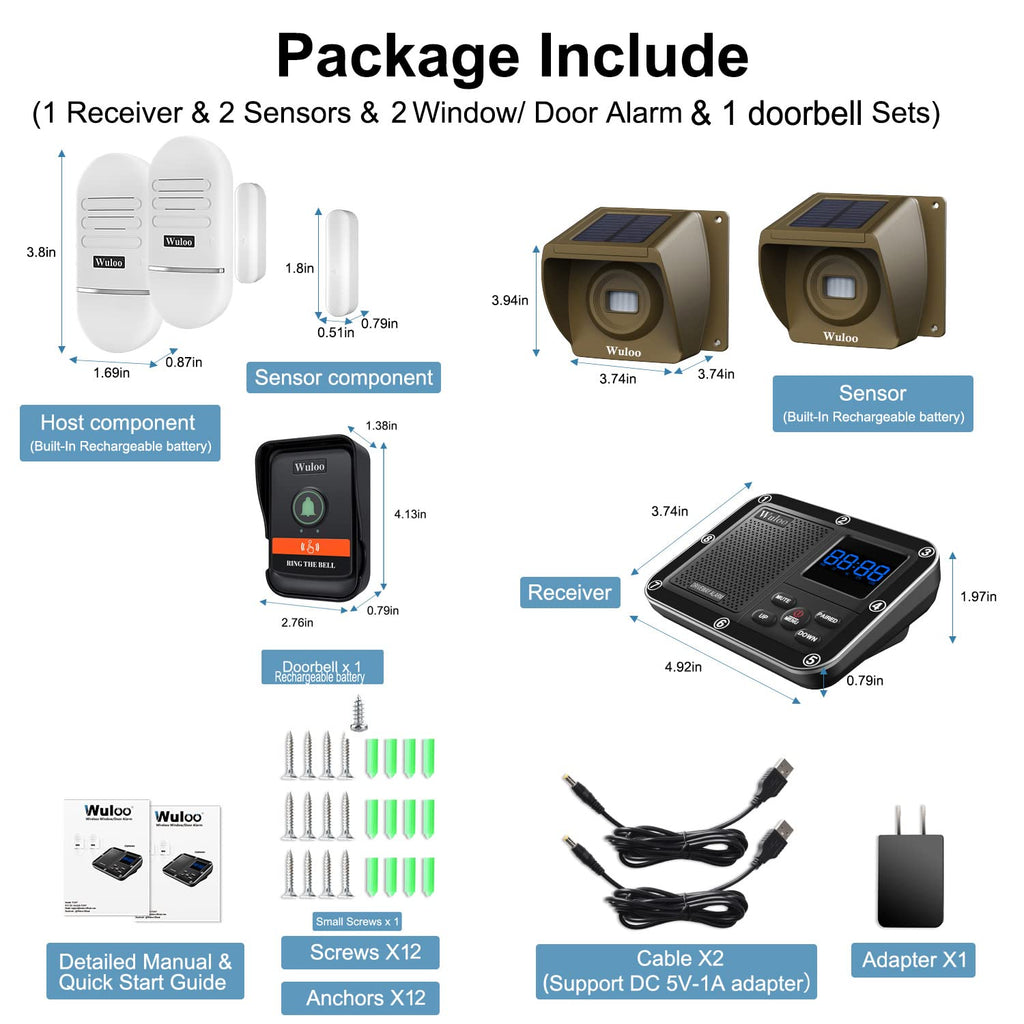 Wireless Alarm System for Home Security Expandable - 6-Piece Kit Include Doorbell, Door Alarm, and Solar Driveway Alarm - Chime/Sensitivity Adjustable NO Wi-Fi NO Monthly Fee With Rechargeable Battery