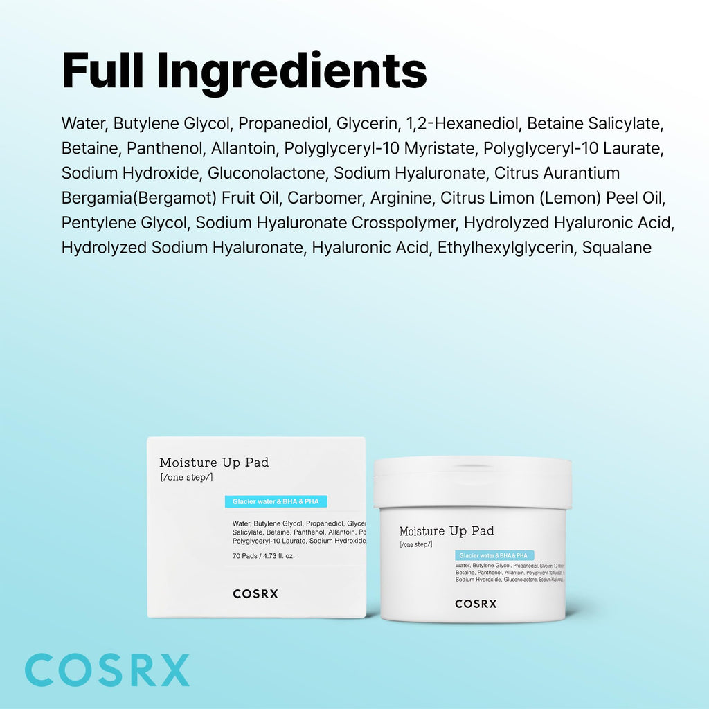 COSRX Moisture Up Pads 70 Sheets, BHA, Gentle Daily Exfoliant for Sensitive Skin, Preventing Breakouts, Moisturizing, Nourishing, Blemish Care, Korean Skin Care
