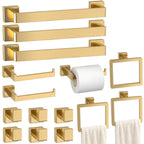 Bathroom Accessory Towel Bar Set: 15 Pieces Gold Bathroom Hardware Square SUS304 Stainless Steel - Wall Mounted Towel Rack&Toilet Paper Holder&Towel Ring and Towel Hook