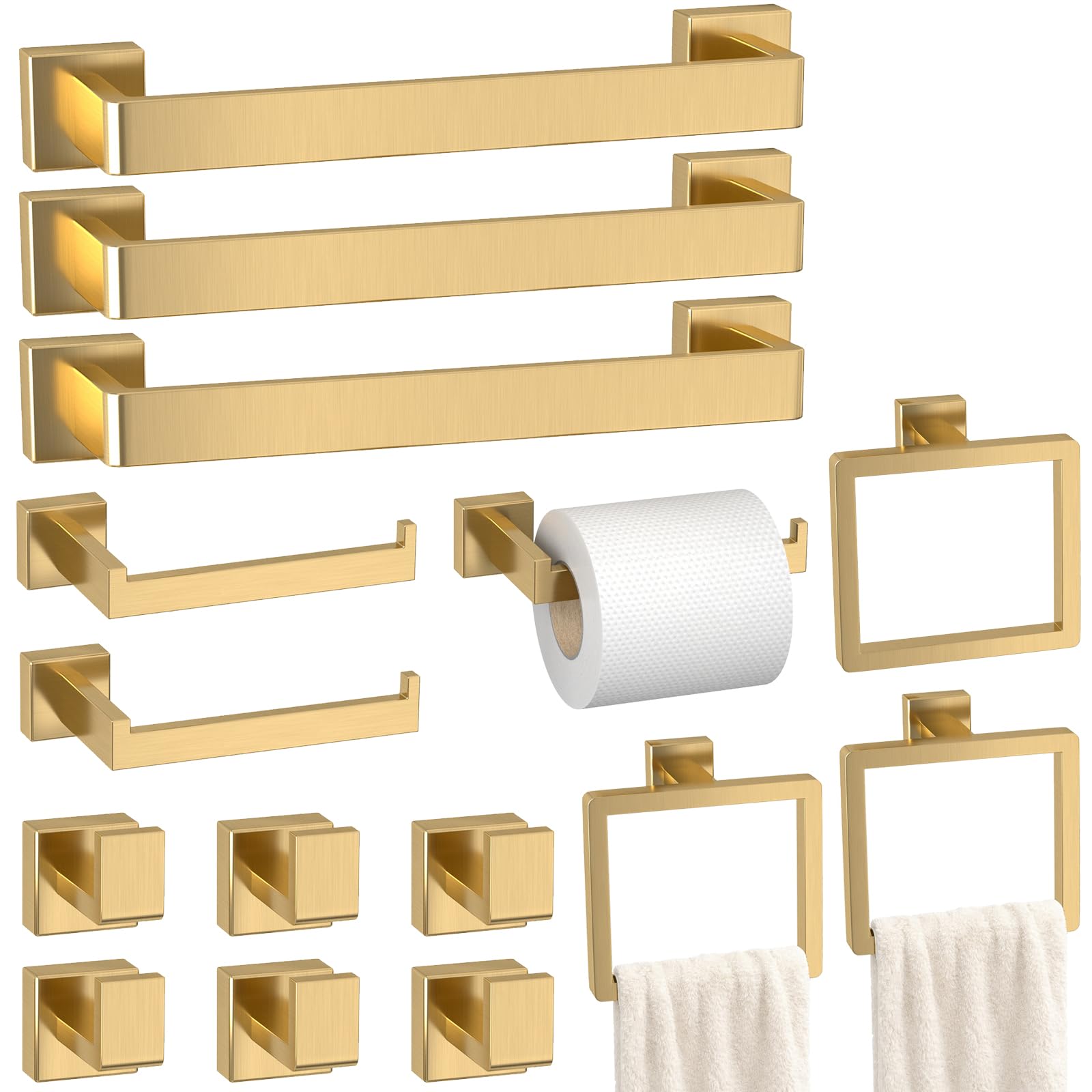 Bathroom Accessory Towel Bar Set: 15 Pieces Gold Bathroom Hardware Square SUS304 Stainless Steel - Wall Mounted Towel Rack&Toilet Paper Holder&Towel Ring and Towel Hook