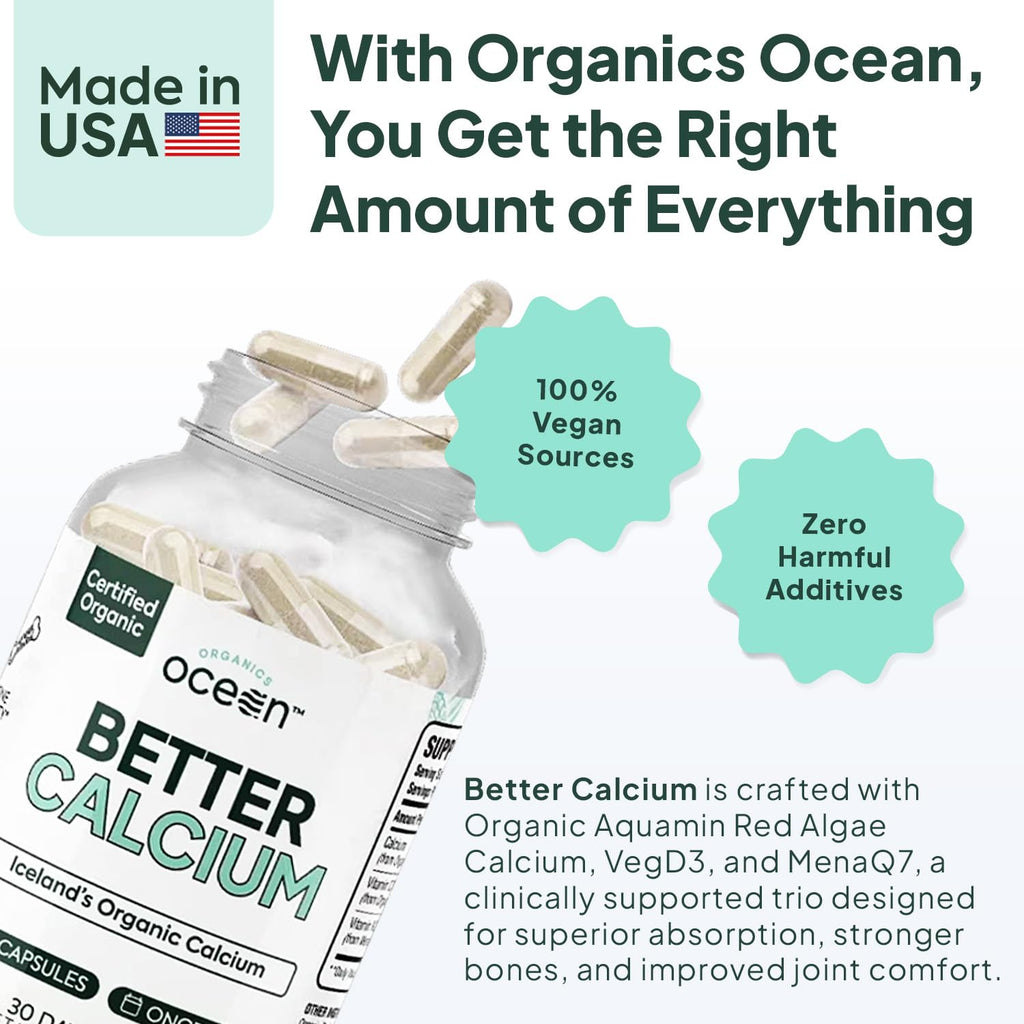 Organics Ocean Better Calcium - Organic Red Algae Calcium with Vitamin D3 and K2 Supplements - Supports Bone Structure, Joint Comfort & Encourages Healthy Aging - Plant-Based, Non-GMO - 1 Pack