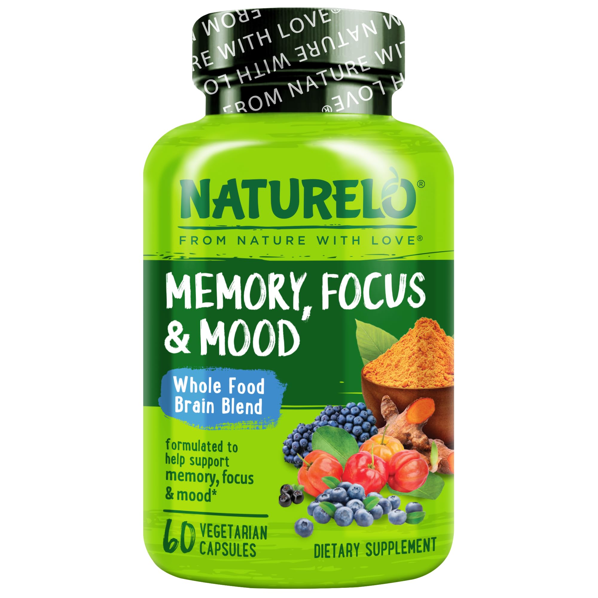 NATURELO Whole Food Brain Supplement - Brain Health Supplements for Memory & Focus Support - Enhance Brain Health Blend Supplement for Adults - 60 Vegetarian Capsules