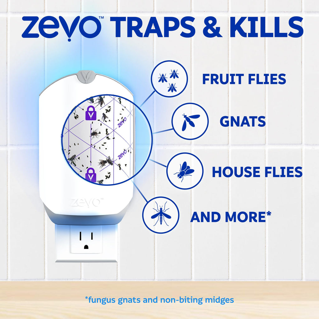 Zevo Flying Insect Traps - Plug-in Indoor Fly Trap and Bug Light Trap Refill with Blue and UV Light - No-Mess Cartridge for House Flies, Fruit Fly Trap and Gnats (4 Plug-in Bases and 4 Cartridges)