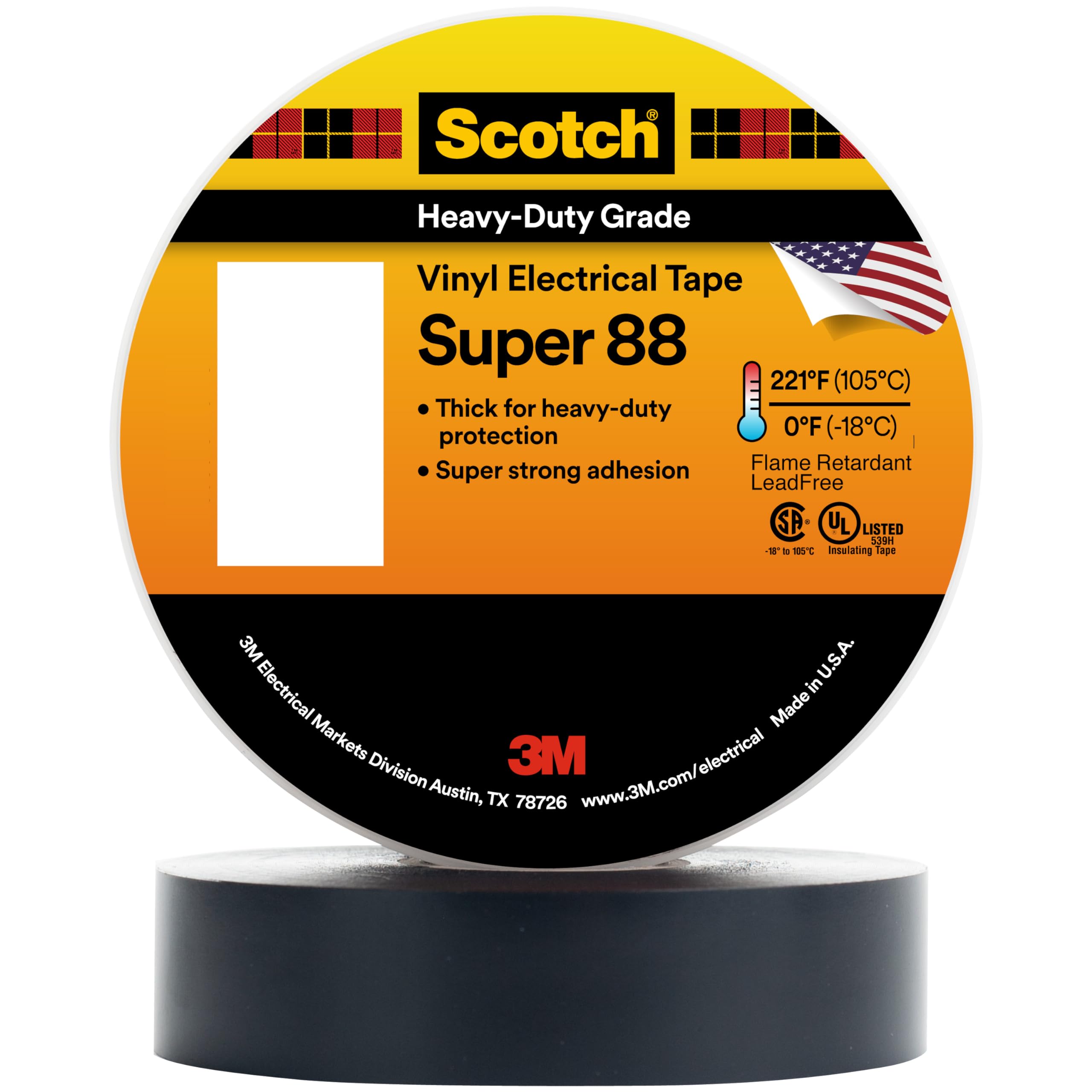 3M Scotch Electrical Tape Super 88, 1 in x 36 yd (108 ft), 1 Long Roll